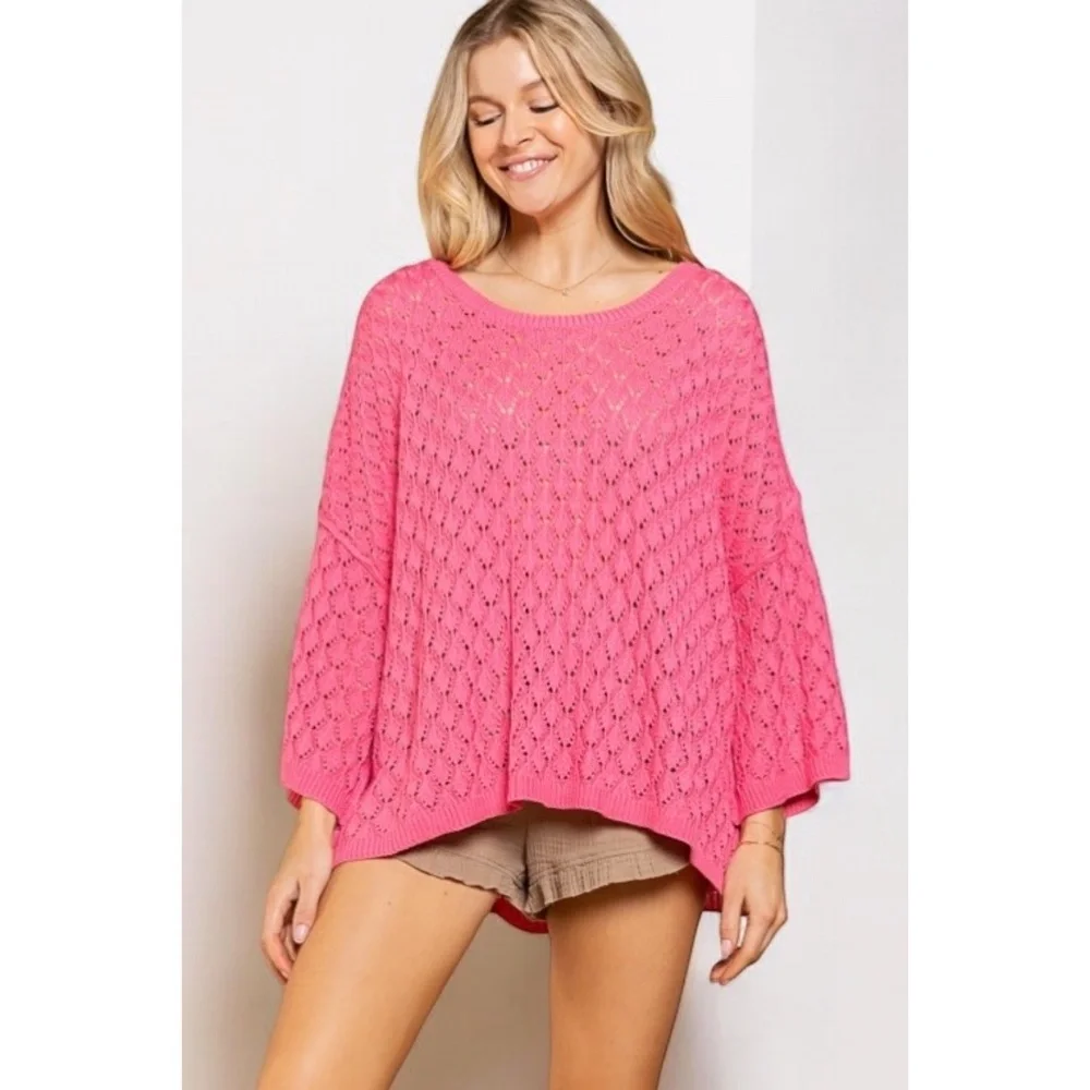 POL Hot Pink Crochet & Rib Knit Oversized Transitional Sweater